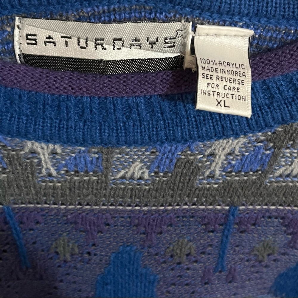 Vintage 1991 Men’s Patterned Saturdays Pull Over Sweater - Picture 3 of 4